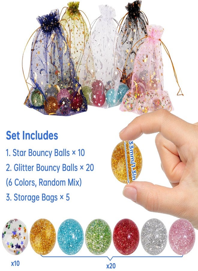 NiToy 30-Pack Glitter Bouncy Ball Set, Includes 20 Glitter and 10 Star Bouncy Balls with 5 Mesh Bags, 1.3" High Bounce Rubber Balls for Kids' Birthday Party Favors, Outdoor Play, Bath-Time Fun & More - Image 2